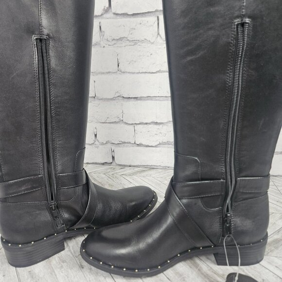 INC Black Leather Riding Boots With Buckle Detail Studded Sole Womens 7M New - Picture 6 of 16
